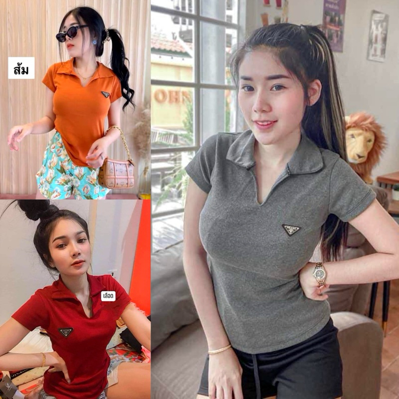 🐻NewNew Shop🐻เสื้อยืดคอปกปักโลโก้-เสื้อยืดรัดรูป เข้ารูปตามสัดส่วน(ครบไซส์ XS-XL)