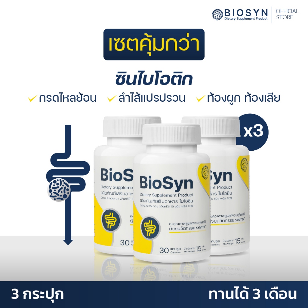 BioSyn Set 3X  สมดุลลำไส้ โพรไบโอติก 15 สายพันธ์ุ+พรีไบโอติก  ท้องผูก ท้องเสียเรื้อรัง  3 กระปุก