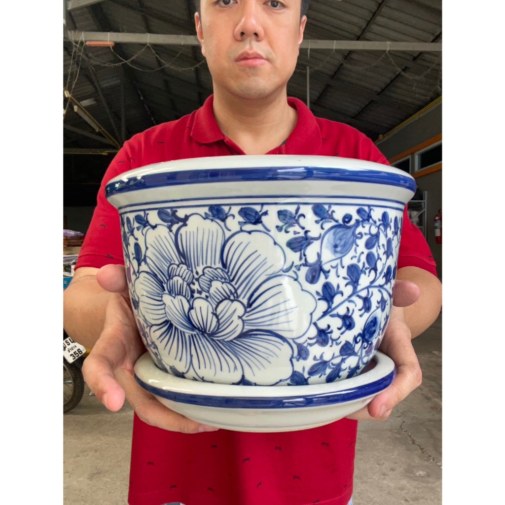 กระถางเซรามิคปากเรียบ ลายคราม ลายดอก (ไซต์ 8 นิ้ว) 100% แฮนเมด ออกใบกำกับภาษีได้