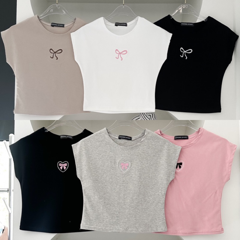 BBowkii  cotton เสื้อครอปแขนล้ำปักโบว์ ผ้ายูนิมี2ลาย🔥พร้อมส่ง