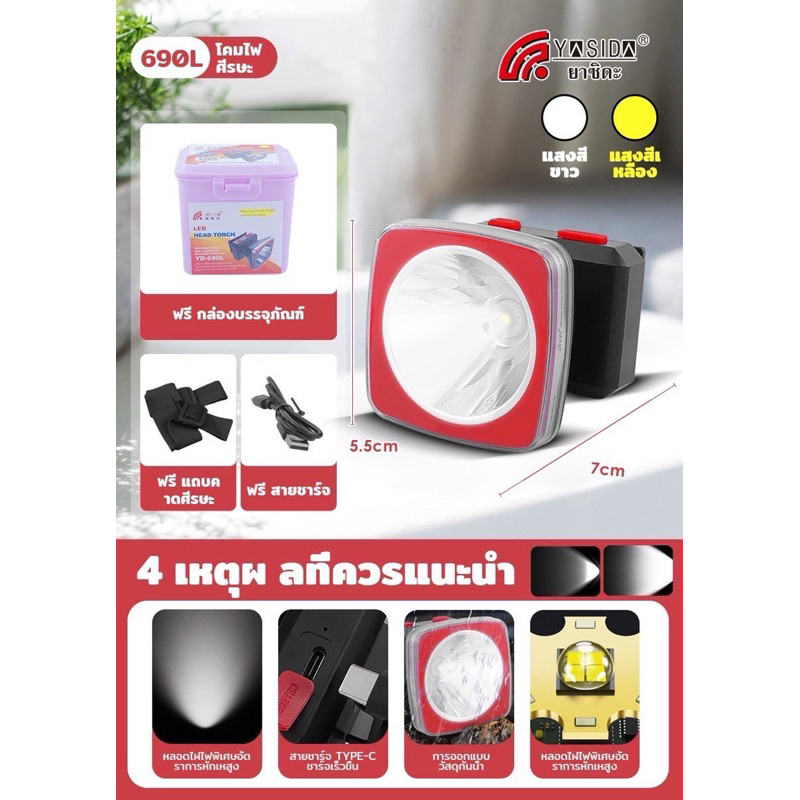 ไฟฉายคาดหัว LED แบตเตอรี่ลิเธียม YD-690L, ส่องสว่างไกล ปรับระดับ 3 ระดับ