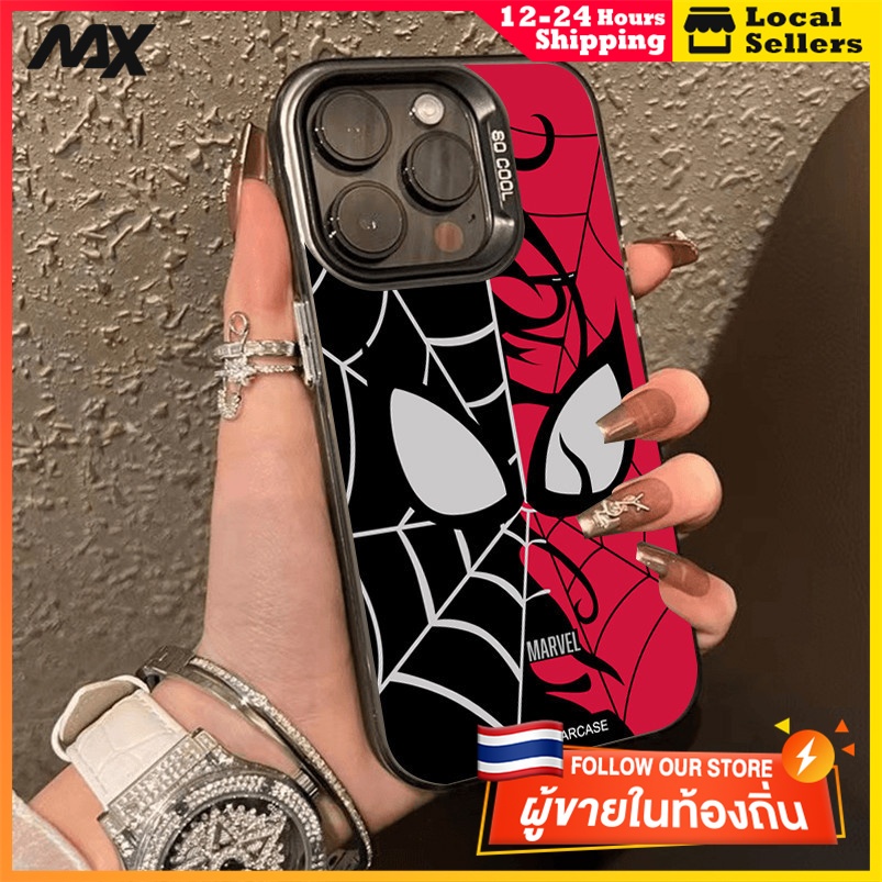 สีดำหรูหราซิลิโคนแข็งกรณีโทรศัพท์  แมงมุมแดงและสีดำ for IPhone 13 15 7Plus 14 12 11 Pro MAX 8 6 7 6S Plus X XR XS