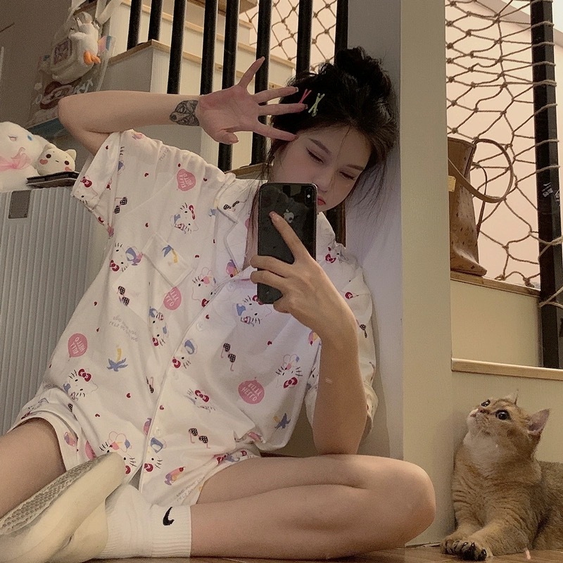 ชุดนอนพร้อมส่งไทยกางเกงขาสั้นแขนสั้นสไตล์เกาหลีสไตล์ญี่ปุ่นชุดนอนน่ารักฟรีไซส์