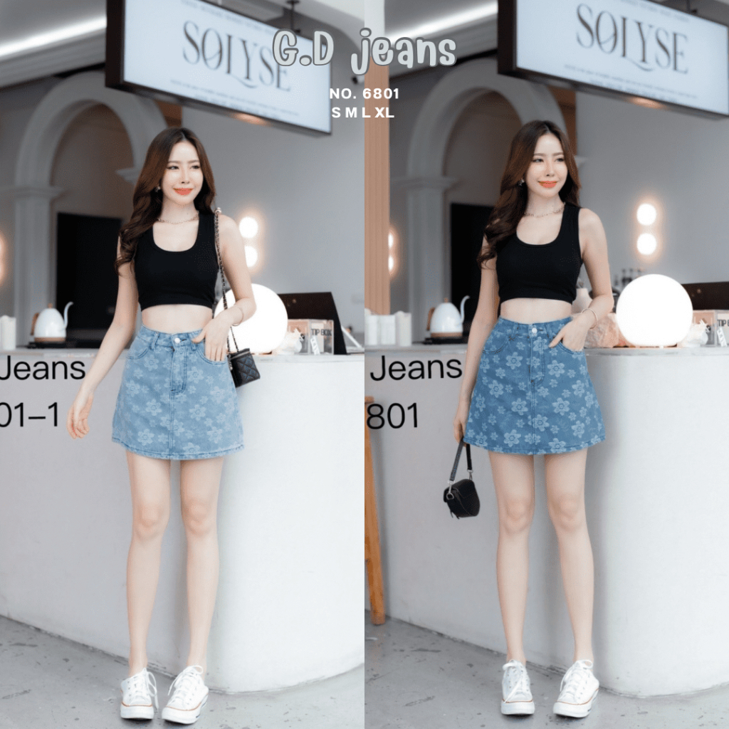 G.D Jeans กระโปรงยีนส์สั้น ฉลุลายดอก มีซับในสีขาว Code6801