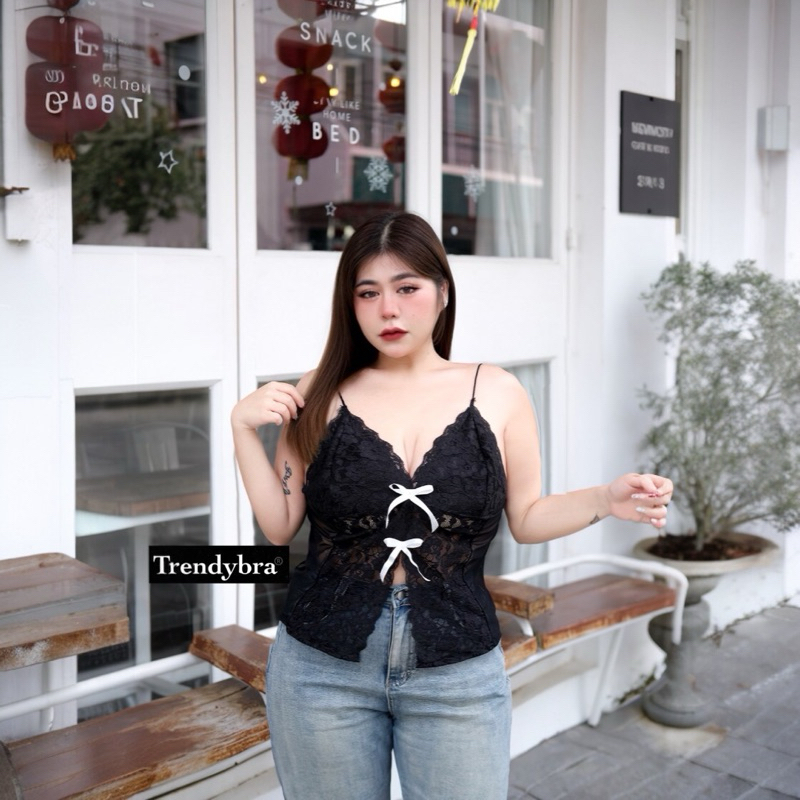 /TB/ เสื้อลูกไม้สายเดี่ยว ติดโบว์หวานซ่อนเปรี้ยว เสื้อไซส์ใหญ่ สาวอวบอ้วน 2ไซส์ อก40-52