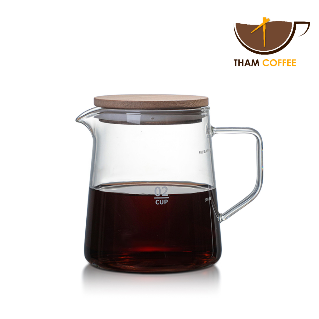 เหยือกแก้วดริปกาแฟ เหยือกเสิร์ฟกาแฟ glass kettle มาพร้อมฝาไม้ปิดเหยือกในเซ็ต ใช้กับดริปเปอร์เบอร์ 01 02 Tham coffee