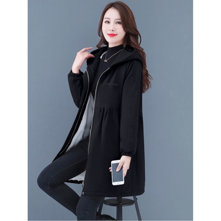 OBเสื้อโค้ทกันหนาวขนแกะ มีซิป มี ฮู้ดใหญ่ สีดำ / 330-332