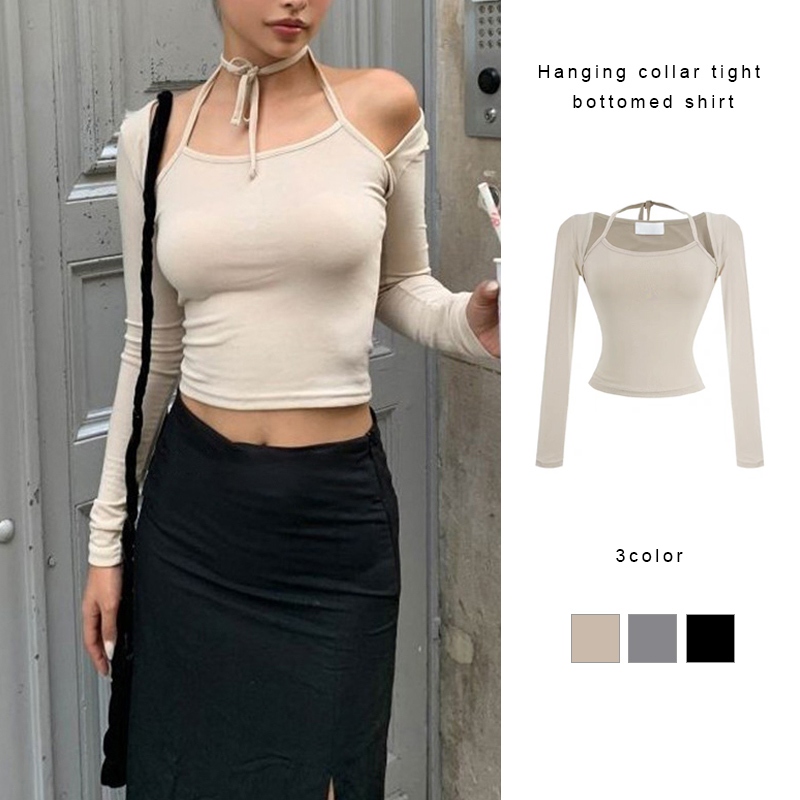 แขวนคอแน่นด้านล่างเสื้ออารมณ์เซ็กซี่แขนยาวเสื้อยืด U Neck สั้นสำหรับสุภาพสตรี LIVE
