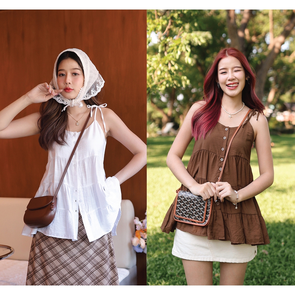 NUMBERSEVEN - T0122964 สายเดี่ยวขนมชั้นกระดุมหน้า - มี 2 สี : สีน้ำตาล , สีขาว