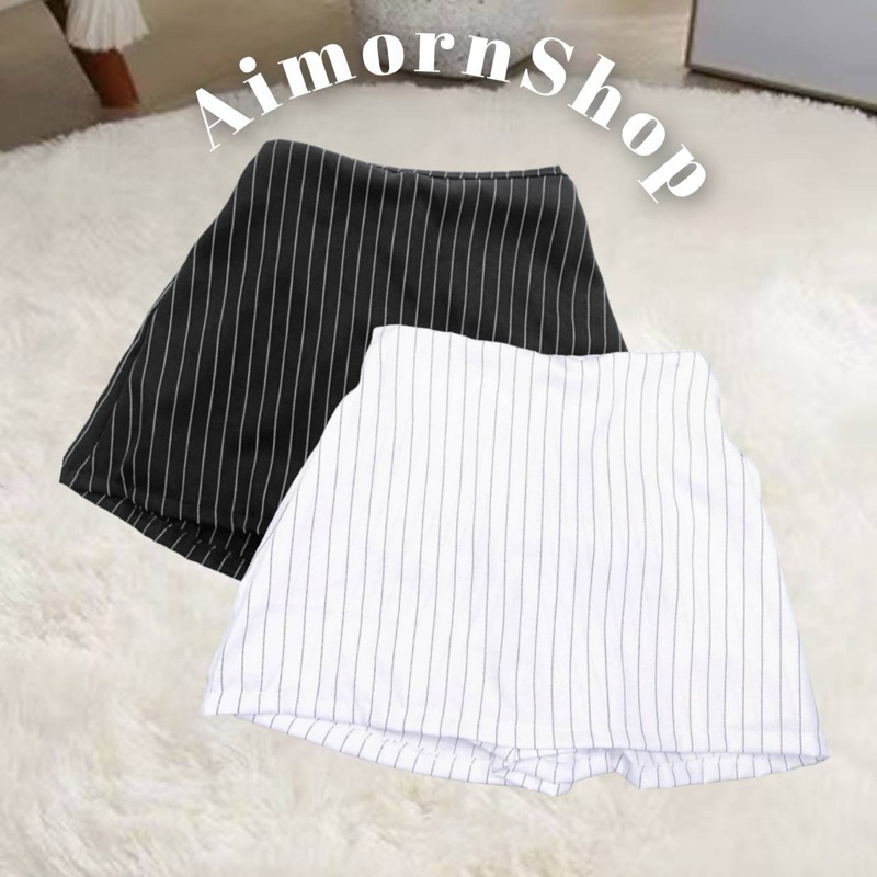 🔥aimorn_shop🔥กระโปรงกางเกงเอวสูง ทรงสวย ลายริ้ว เอวหน้าเรียบหลังสม็อคหลัง น่ารัก แมทช์ง่ายสุดๆ