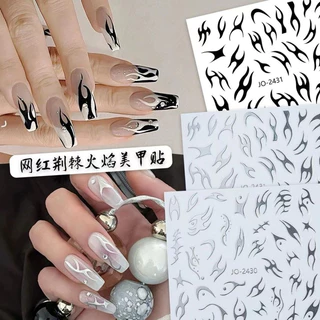 สติกเกอร์ติดเล็บ ลายคลื่น ลายไฟ สีดำขาวเงิน โบ ลูกไม้ สไตล์สาวเกาหลีโดนๆ