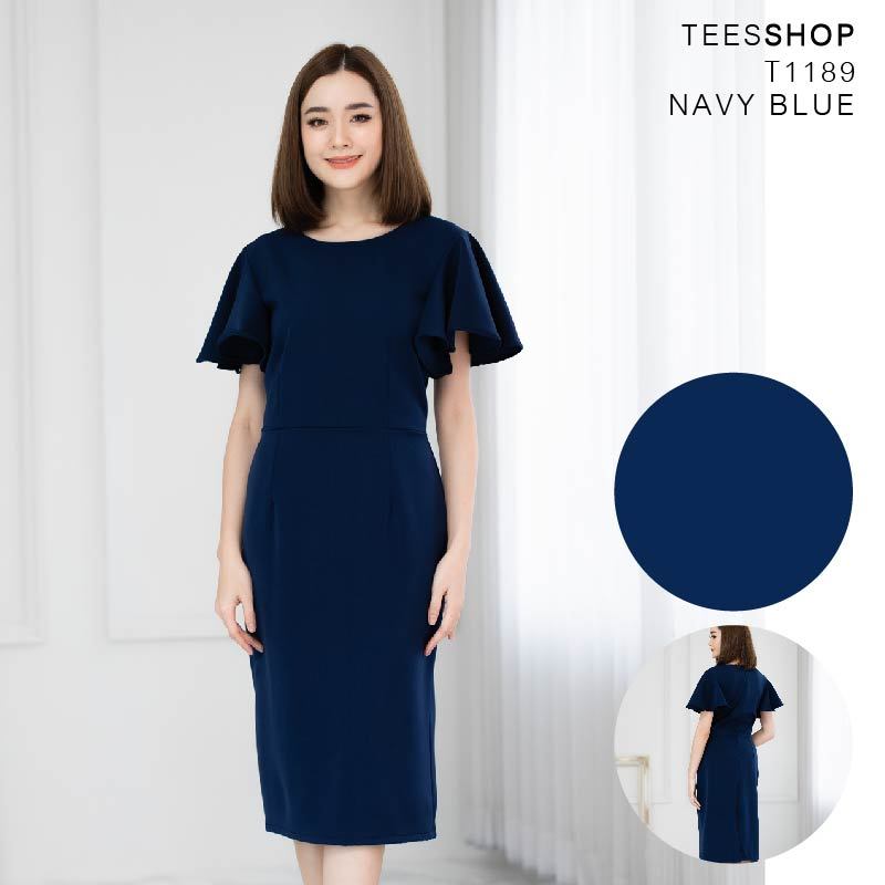 TEESBRAND ชุดทำงานสีกรม T1189 ชุดออกงาน ชุดยาว40นิ้ว  ทรงสอบ คอกลม แขนระบาย dress womwen clothing