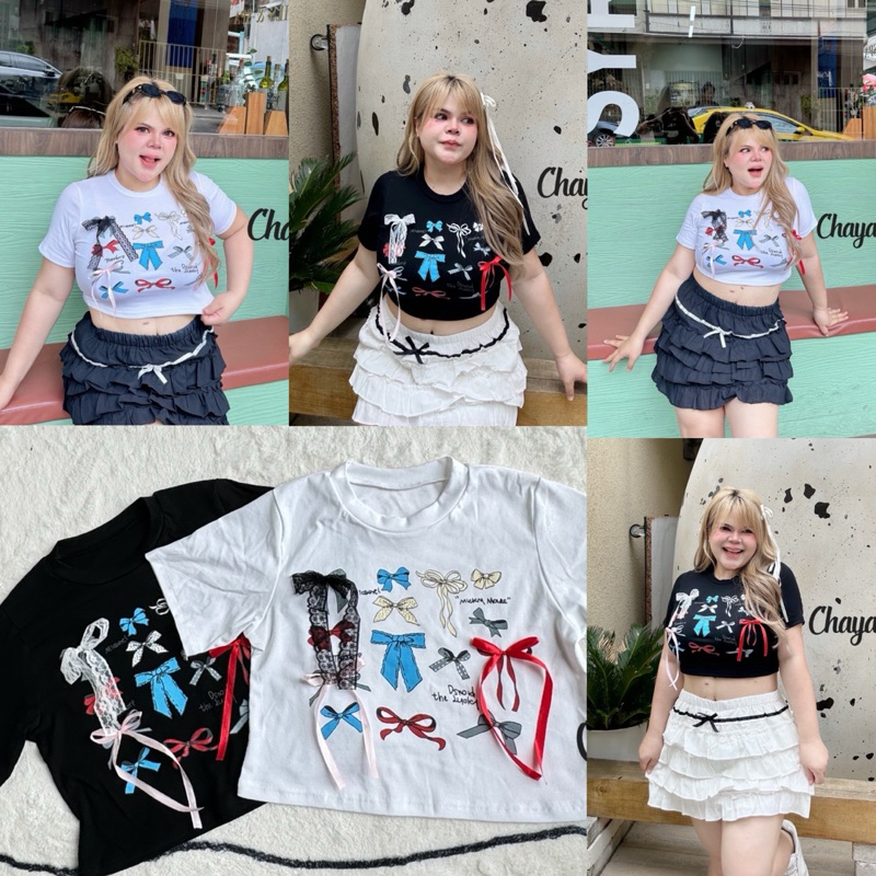 เสื้อครอปลายโบว์ (ติดโบว์จริง) ครอปสาวอวบ อก32-46นิ้ว