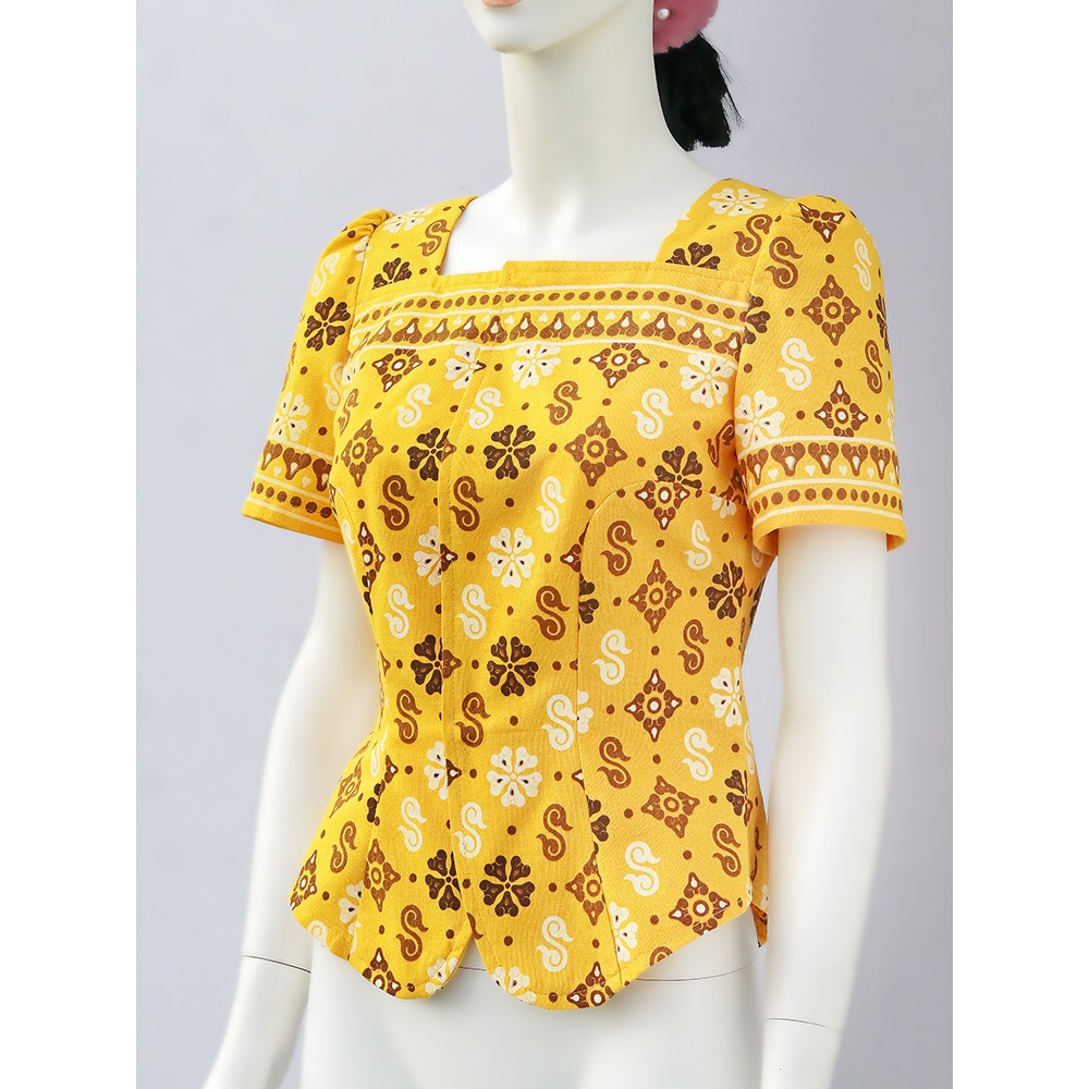 เสื้อทำงานผ้าไทยสีฟ้า เสื้อทำงานลายดอกรัก