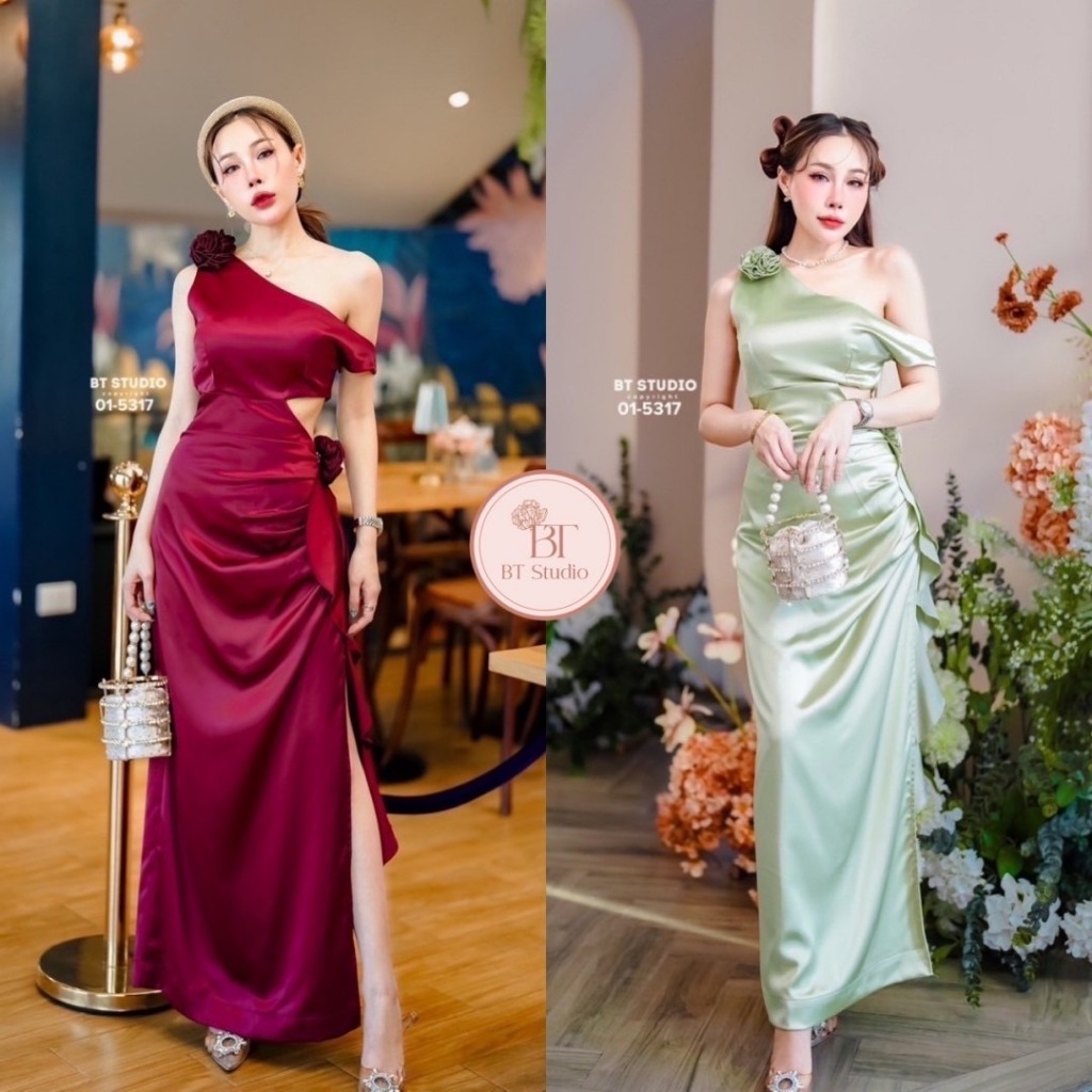 01-5317 เดรสไหล่เดียวแต่งดอกไม้