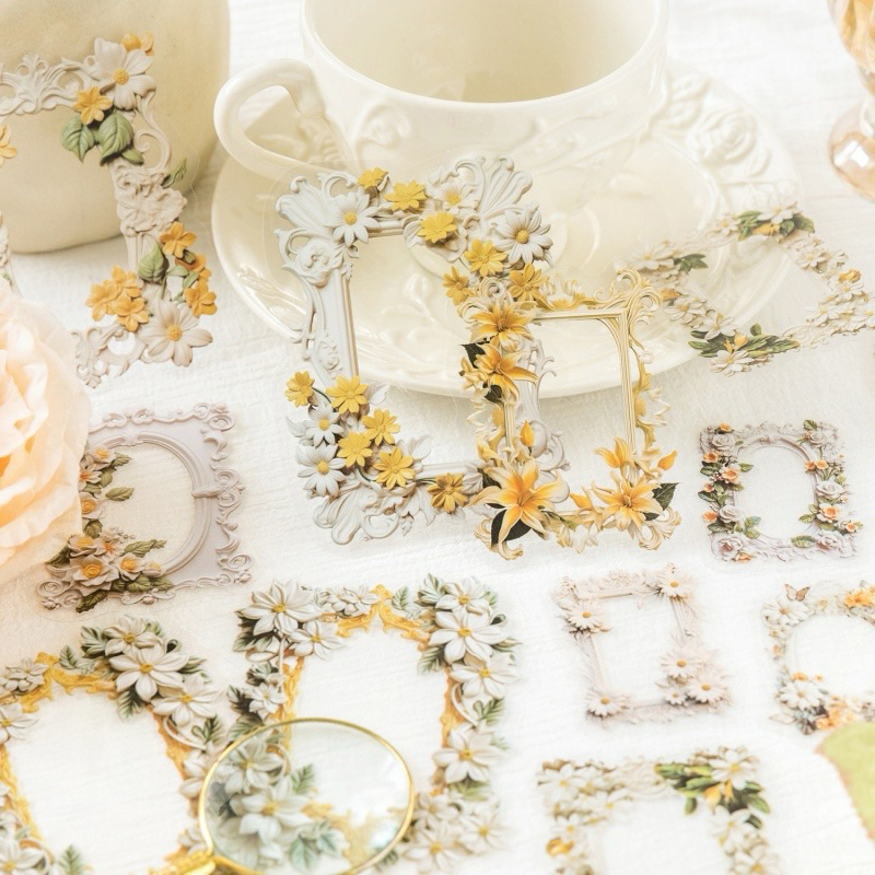 พร้อมส่ง กรอบรูปดอกไม้สติกเกอร์ flower frame 20ชิ้น/แพ็ค ย้อนยุคเรเนอซองส์ สติกเกอร์เฟรมการ์ด