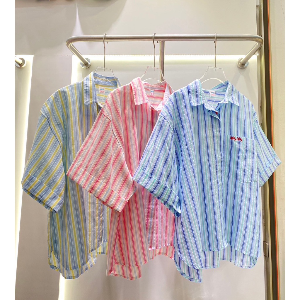 เสื้อเชิ้ตลายทางเเต่งแขนเบิ้ลงานปัก nifty fifty ทรงโอเวอร์ไซค์ อก 46นิ้ว