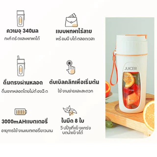 Yotex เครื่องปั่นน้ำผลไม้ เครื่องปั่นน้ำผลไม้พกพา ชาร์จUSB ดีไซน์กะทัดรัด มัลติฟังก์ชั่น ไร้สายปั่นน้ำผลไม้ 340 มล