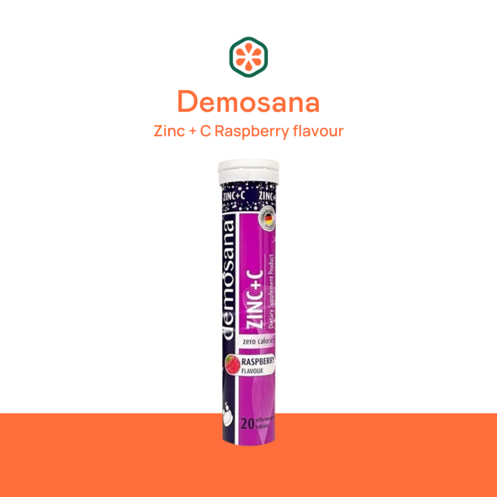 Demosana Zinc + C Raspberry flavour l เม็ดฟู่ละลายน้ำ ซิงค์ วิตามินซี กลิ่นราสเบอรี่ ปัญหาสิว เสริมภูมิ มี 20 เม็ด
