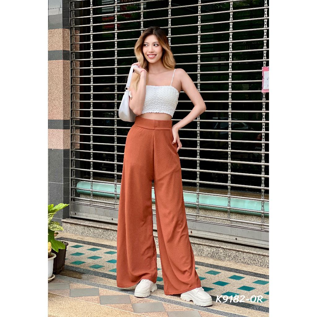 Kloset กางเกงขาบานผู้หญิง กางเกงเอวสูง ลอง ผ้ายืดได้ ฟรีไซต์ขาปล่อยกางเกงขายาวเองสูงปรี๊ด รงกระบอก กระบอกใหญ่ K9182