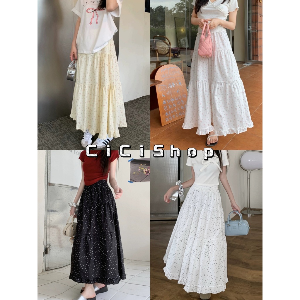 Cicishop(4013)กระโปรงยาวพิมพ์ลายดอกไม้/ลายจุด ชายระบาย มีซับใน เอวสม็อค สไตล์มินิมอลเกาหลี