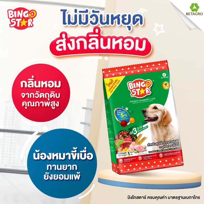 Bingostar (บิงโกสตาร์) อาหารสุนัขแบบเม็ด สูตร3มิกซ์ สำหรับสุนัขทุกสายพันธุ์