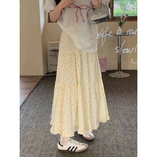 Cicishop(4013)กระโปรงยาวพิมพ์ลายดอกไม้/ลายจุด ชายระบาย มีซับใน เอวสม็อค สไตล์มินิมอลเกาหลี