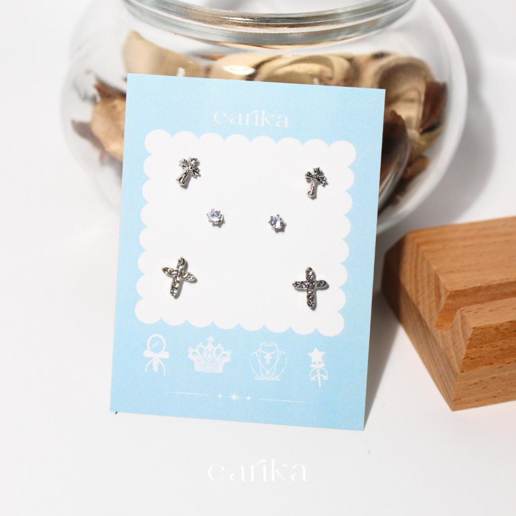 earika.earrings - gothic cross set เซ็ตต่างหูแป้นทับธีมไม้กางเขน ก้านเงินแท้ เหมาะสำหรับคนแพ้ง่าย