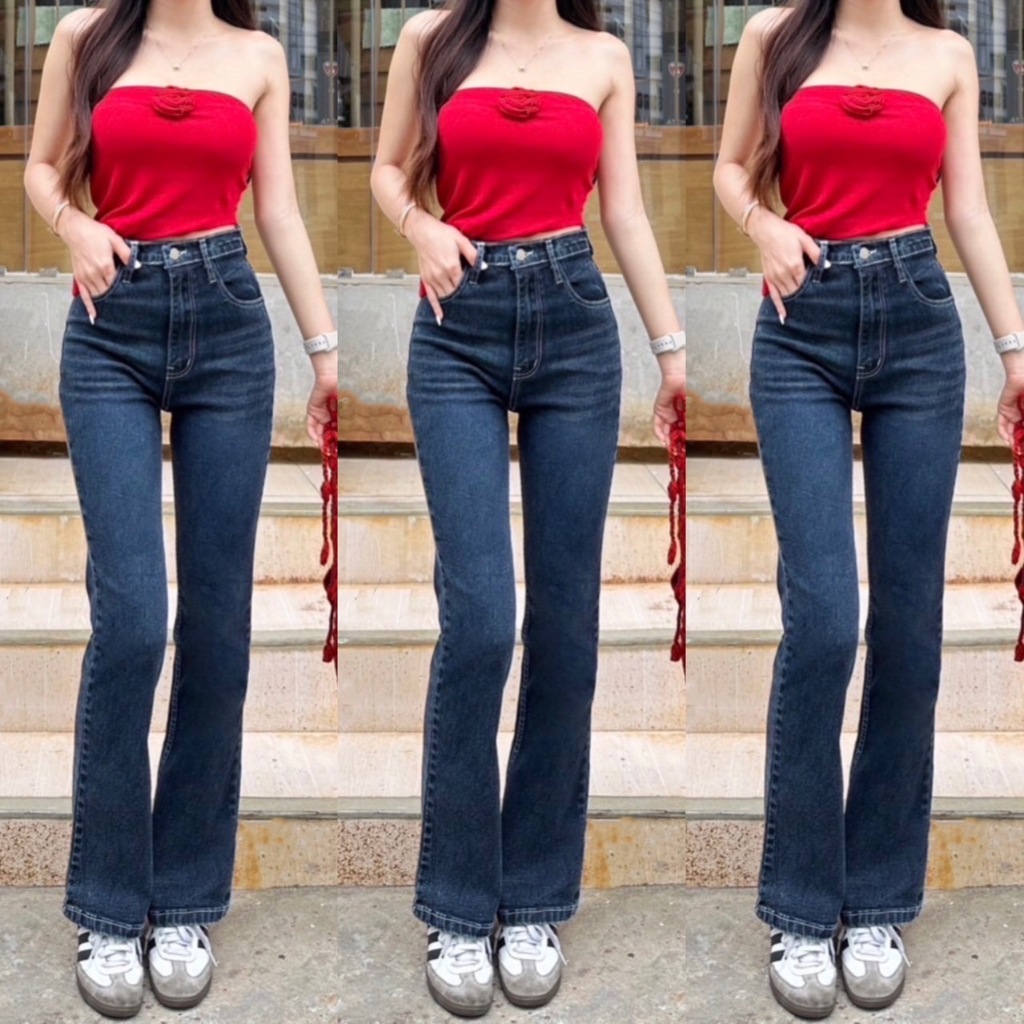 TwiceJeans กระบอกยีนส์ขาม้าผ้ายืด เอวสูง เนื้อผ้าใส่สบาย ทรงClassicสุดฮิต เข้ารูปเป๊ะ สีดำชาโคล