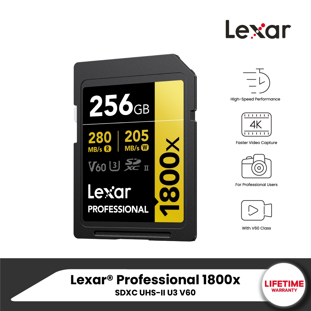 Lexar SD1800x 256GB UHS-II U3 V60 SD Card (เอสดีการ์ด) Full-HD 3D 4K RW280/210MB/s (LSD1800256G) GOLD Series