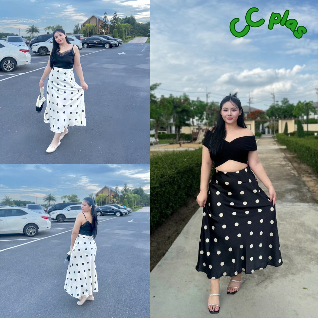 CiCi Plus+(6033) กระโปรงยาวผ้าพริ้ว ดีเทลลายจุด เอวยางยืดมีซิปข้าง ใส่วันสบายๆ สไตล์สาวพลัสไซส์