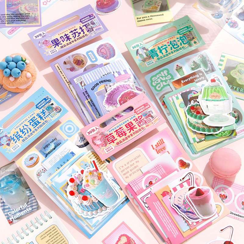 พร้อมส่ง สติกเกอร์เค้ก ตกแต่ง journal คาเฟ่ ขนม โดนัท แพนเค้ก 30 แผ่น/แพ็ค
