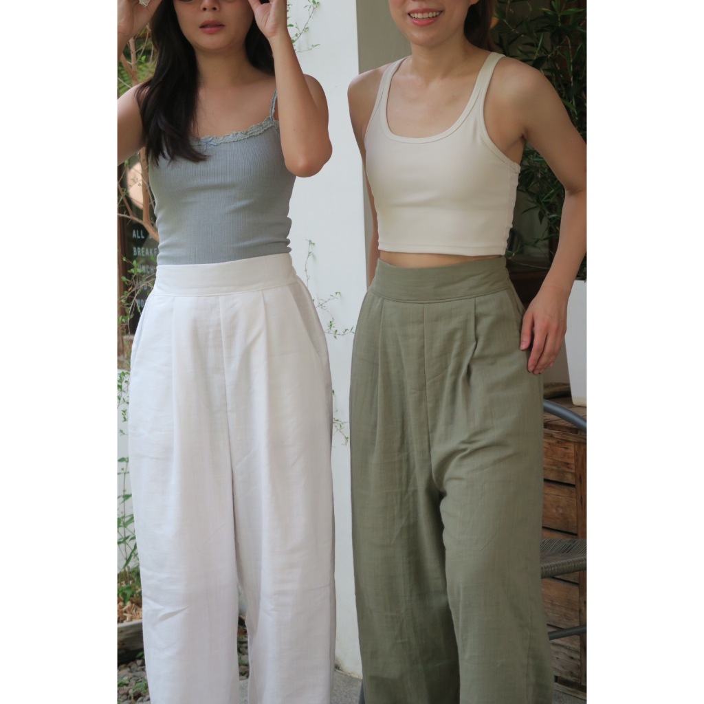 Cotton Linen Pants กางเกงเอวสูง ผ้าค้อตตอล ลินิน ดีเทลขอบเอวเรียบสม้อคด้านหลัง