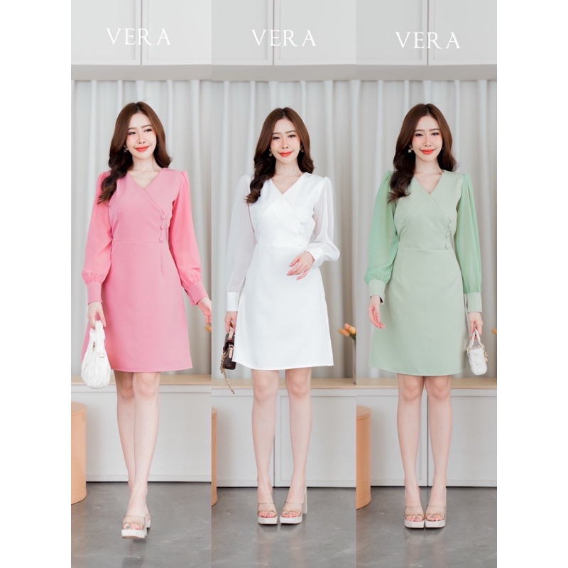 Maria dress เดรสไขว้หน้าแขนชีฟองแต่งกระดุม