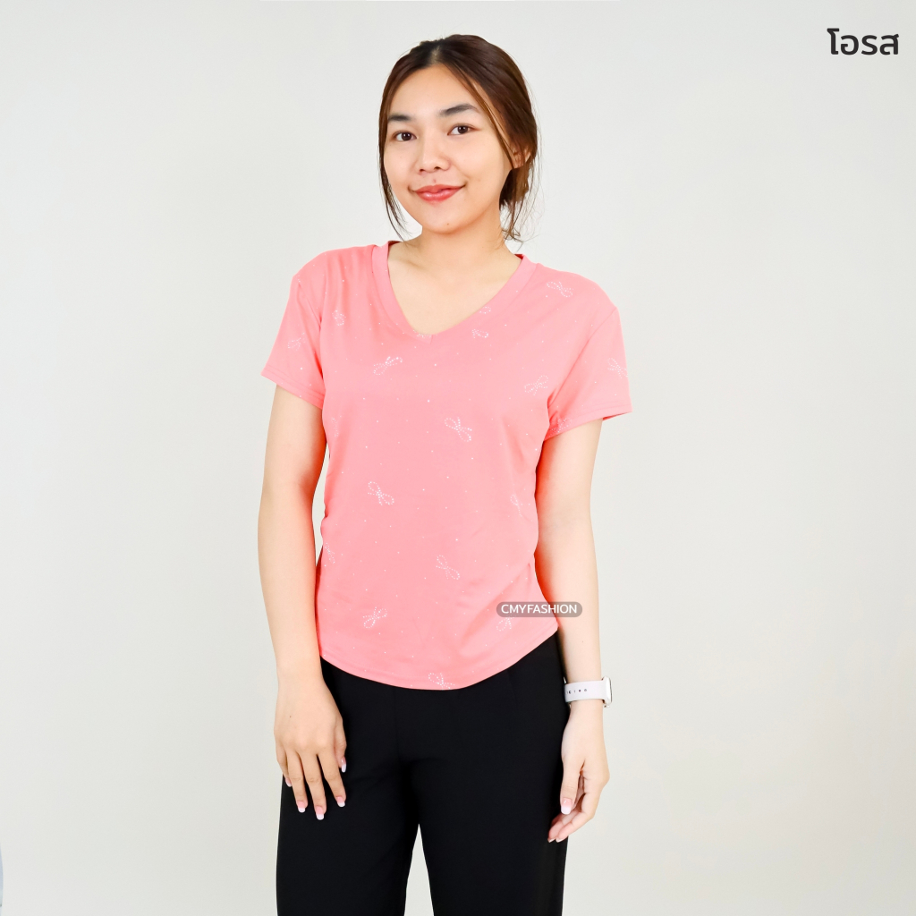 เสื้อยืด คอวี ดีเทลจีบข้าง ติดเพชรลายโบว์ สไตส์มินิมอล สาวอวบ ใส่ได้ ผ้าคอตตอนผสม 311#