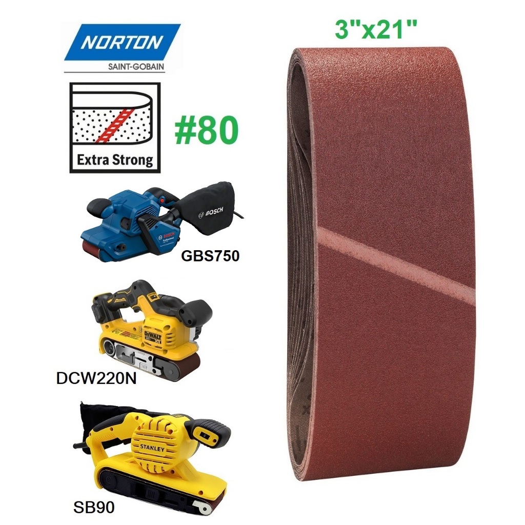 NORTON ผ้าทรายสายพาน รุ่น 3X21#80 ( ขายเป็นแผ่น ) ใช่งานกับนุ่น SB90 / DCW220N / GBS750 / 9403 ของแท