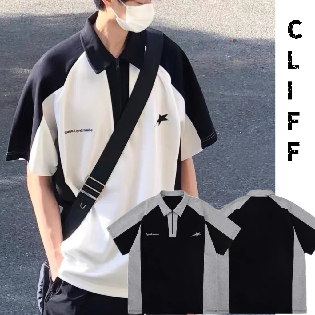 ซื้อ CLIFF เสื้อเชิ้ตผู้ชาย สไตล์อเมริกันวินเทจ แขนสั้นเย็บสีตัดกัน เสื้อโปโล ชุดลำลองสำหรับนักเรียน ชุดคู่รัก