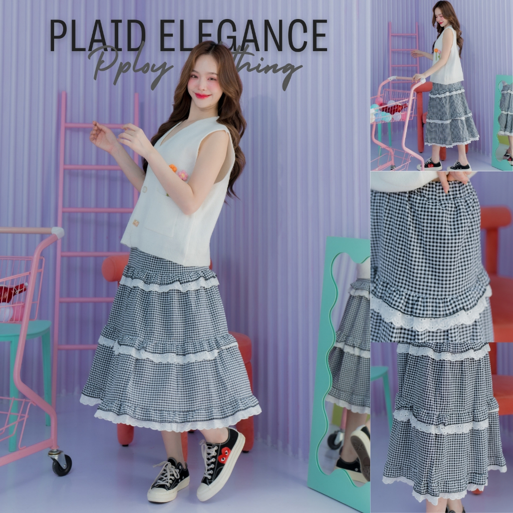 [ ส่งฟรี 🔥 ] Pploy Clothing กระโปรงยาว กระโปรงผู้หญิง กระโปรงทำงาน เอวสม็อคยางยืด ลายสก็อต ผ้าใส่สบา