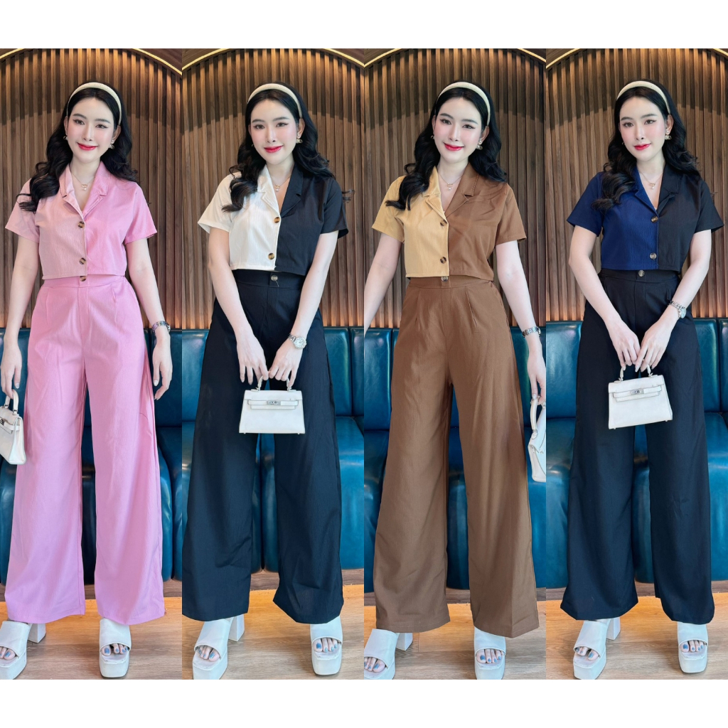 พร้อมส่ง ชุดเซตทรูโทนผ้าครัช เสื้อครอปทรงสูทคอปกกระดุมไม้หน้า+กางเกงแต่งกระดุมหน้าสม็อคหลัง (P47,P48