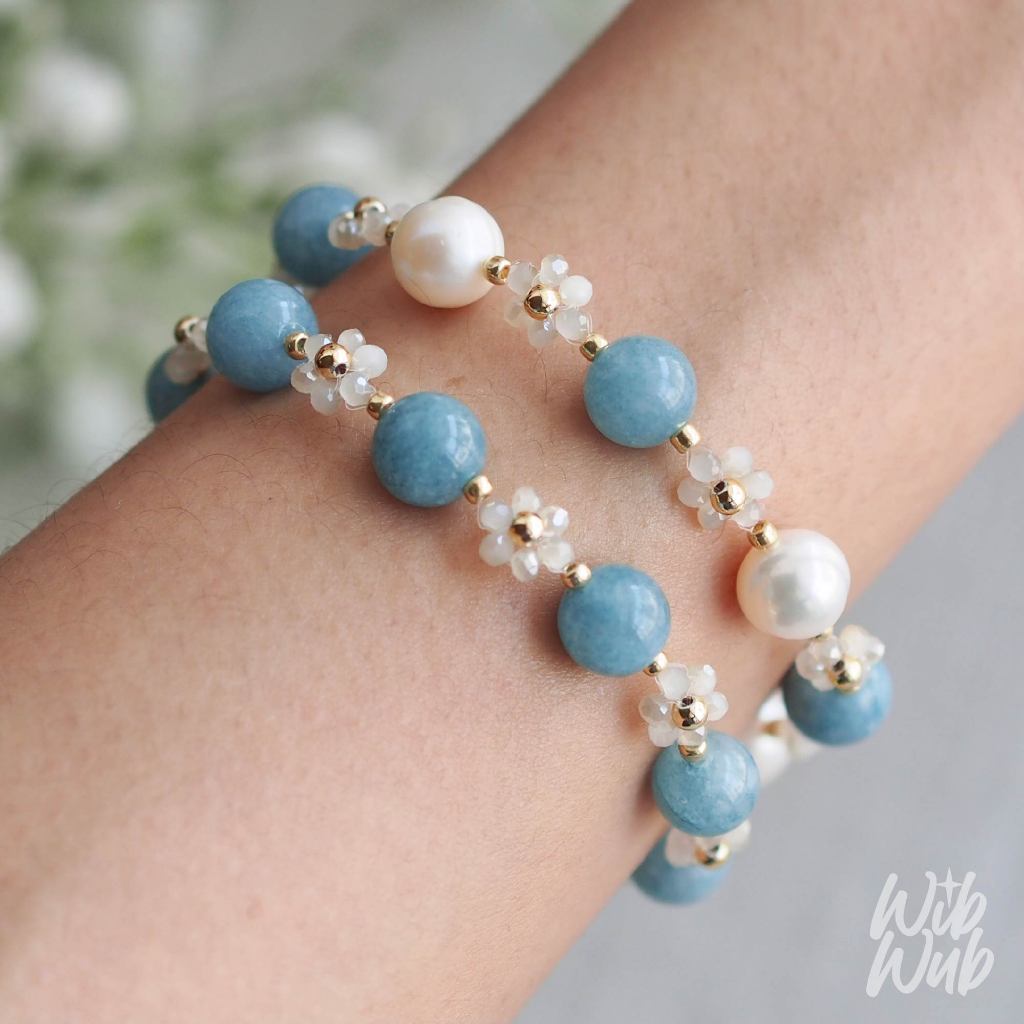 สร้อยข้อมือ หินมงคล หินนำโชค Aquamarine มุกแท้ และลูกปัดดอกไม้