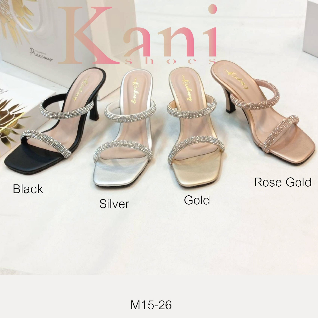 รองเท้าสั้นสูง 3.5 นิ้ว สายคาดประดับเพชร  นิ่มมากไม่บาดเท้า ใส่เดินสบายไม่เมื่อย งานฝีมือคนไทย