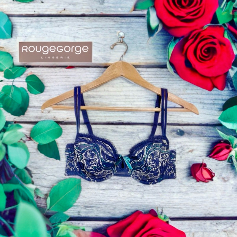Rouge Gorge(รูจ จอร์จ)Braแบรนด์ดังฝรั่งเศสเสื้อชั้นในลูกไม้ซีทรูงานปักละเอียดสีน้ำเงินลายดอกSexy มาก75E 80E 85E 75C75D