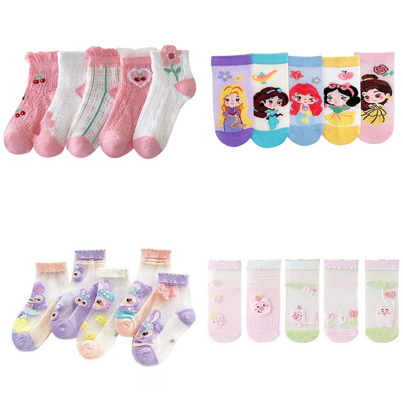 【พร้อมส่ง】 ถุงเท้าตาข่าย ลายการ์ตูน แฟชั่นฤดูร้อน สําหรับเด็กผู้หญิง 5 คู่