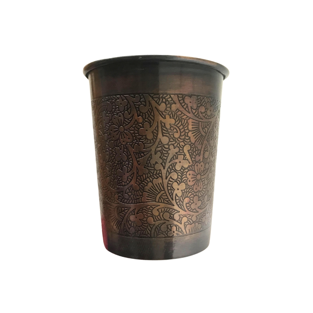 NATURAL EFE | ANTIQUE ENGRAVED  COPPER WATER GLASS | แก้วน้ำทองแดง สีดำลายแกะสลัก 300 ML – โปรปัง