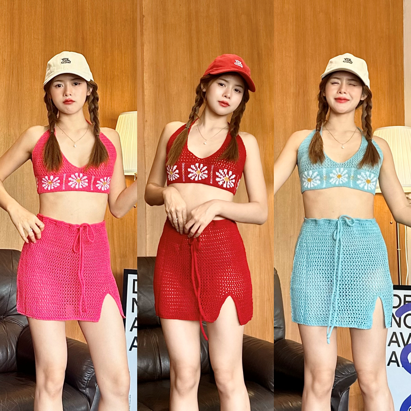 ชุดเซ็ตไปทะเล 2ชิ้น บิกีนี่ผูกคอ+กระโปรงเชือกผูกเอว ผ้าไหมพรมทอฉลุ สาวอวบใส่ได้ เชือกผูกปรับรัดับได้ รุ่น อ้อนแอ้น