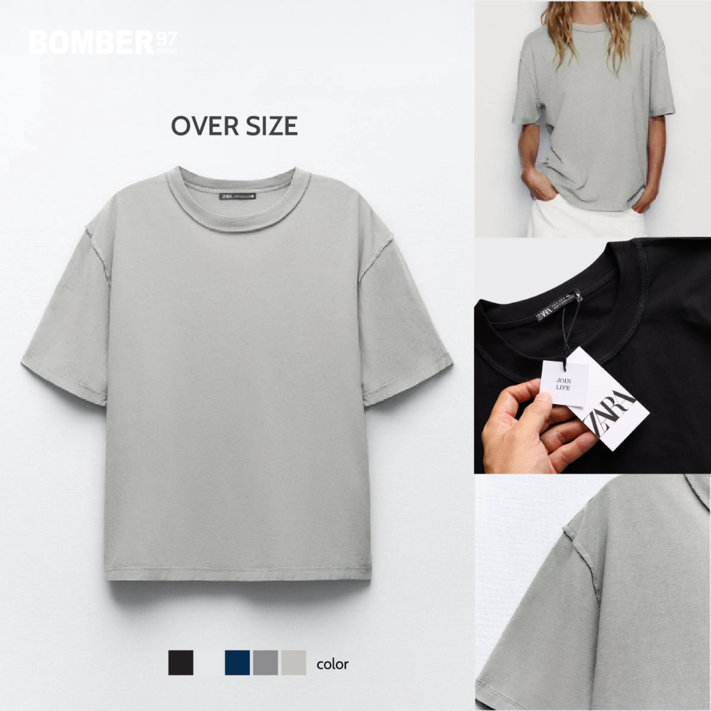 เสื้อยืด Oversize ZA-RA-02 เสื้อยืดคอกลม ทรงหลวม ดีไซน์เท่แบบกลับตะเข็บ เสื้อยืดแฟชั่น