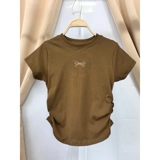 🌈SpinnyHouse🌈เสื้อครอปแต่งย่นข้าง ปักโบว์ช่วงอก BABY TEE 😻 ผ้ายูนิโคล่ยืดตามตัว รุ่น ตาแป๋ว B-010-3-A