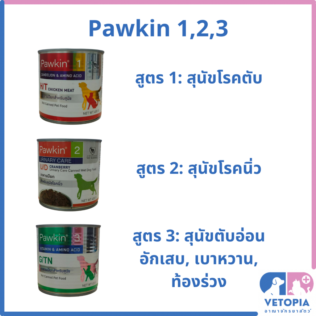 (12 กระป๋อง = 400 g) pawkin1 อาหารสุนัขโรคตับ, pawkin2 อาหารสุนัขโรคนิ่ว, pawkin3 สุนัขตับอ่อนอักเสบ เบาหวาน ท้องร่วง