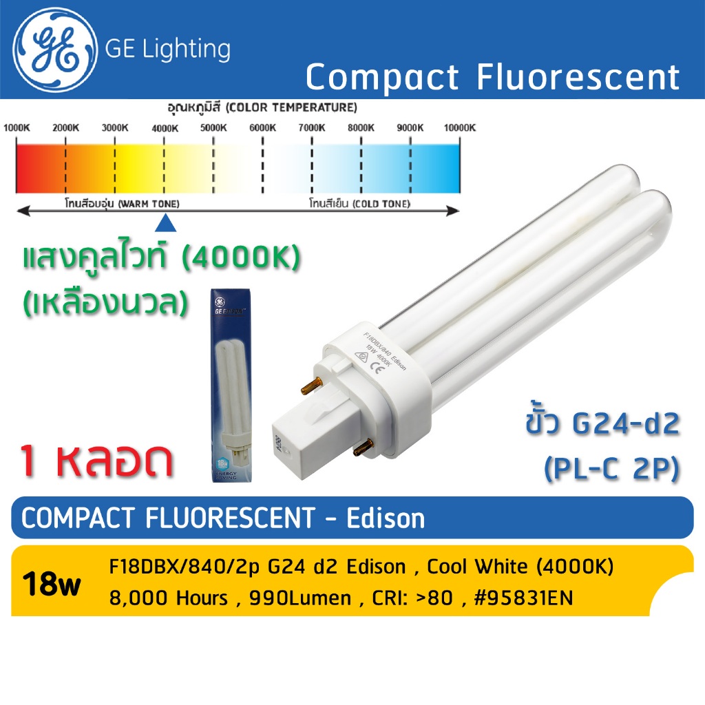 GE Lighting , หลอดประหยัดไฟ 18W แสงคูลไวท์-เหลืองนวล F18DBX/840/2p G24 d2 Edison, #95831EN (หลอดตะเกียบแบ
