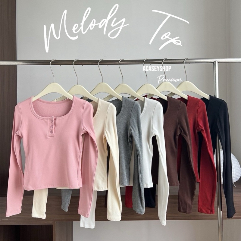 Acasey เสื้อคอกลมผู้หญิง แขนยาว แต่งกระดุมหน้า ผ้านุ่มมาก อก38-40 มีฟองน้ำในตัว Melodytop